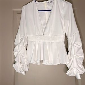 White v neckline blouse size small, ruched long sleeve, formal, party, office
